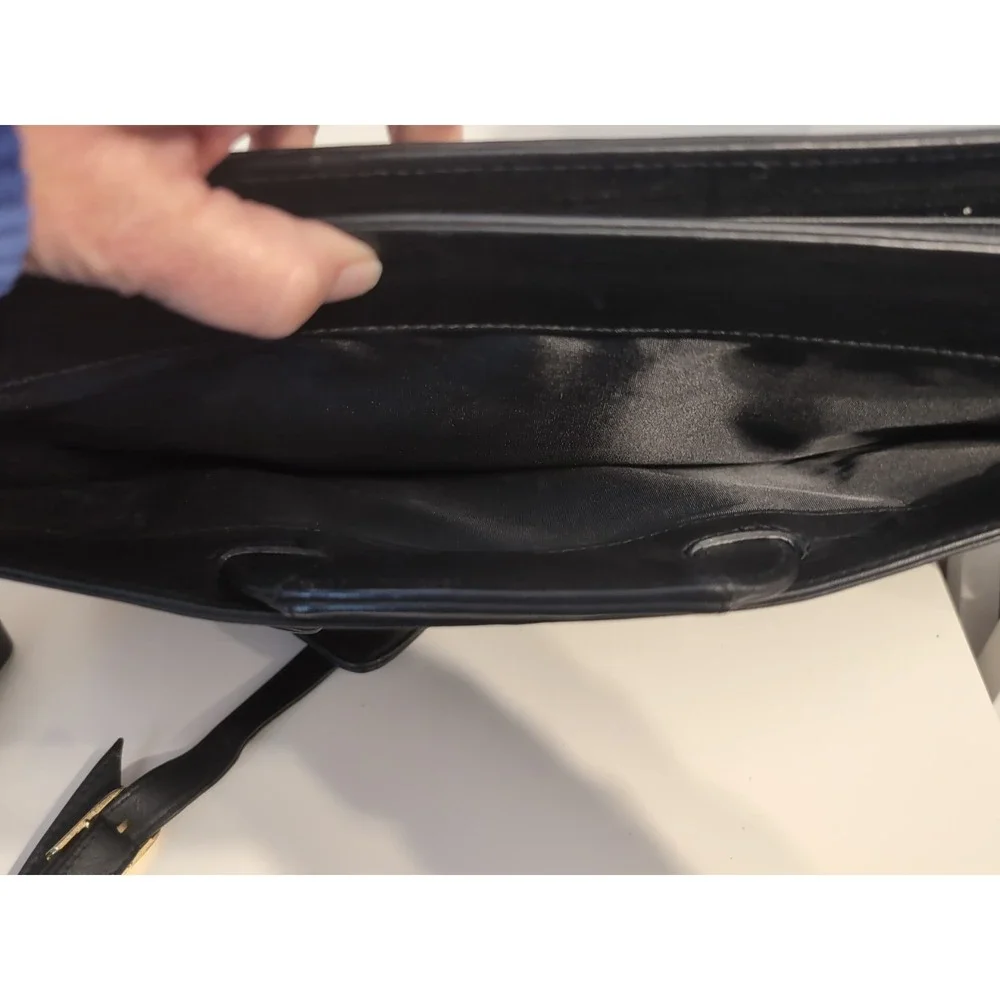 Vtg. Kluge Black Leather Briefcase‎ Crossbody Strap & Drop Handle Laptop Storage